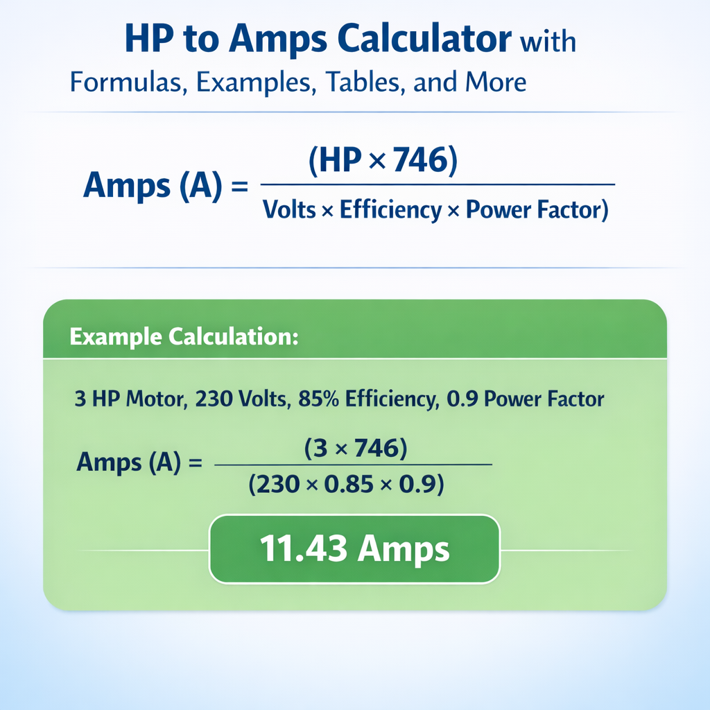 HP to Amps Calculator with Formulas, Examples, Tables, and More — fórmula y ejemplo resuelto