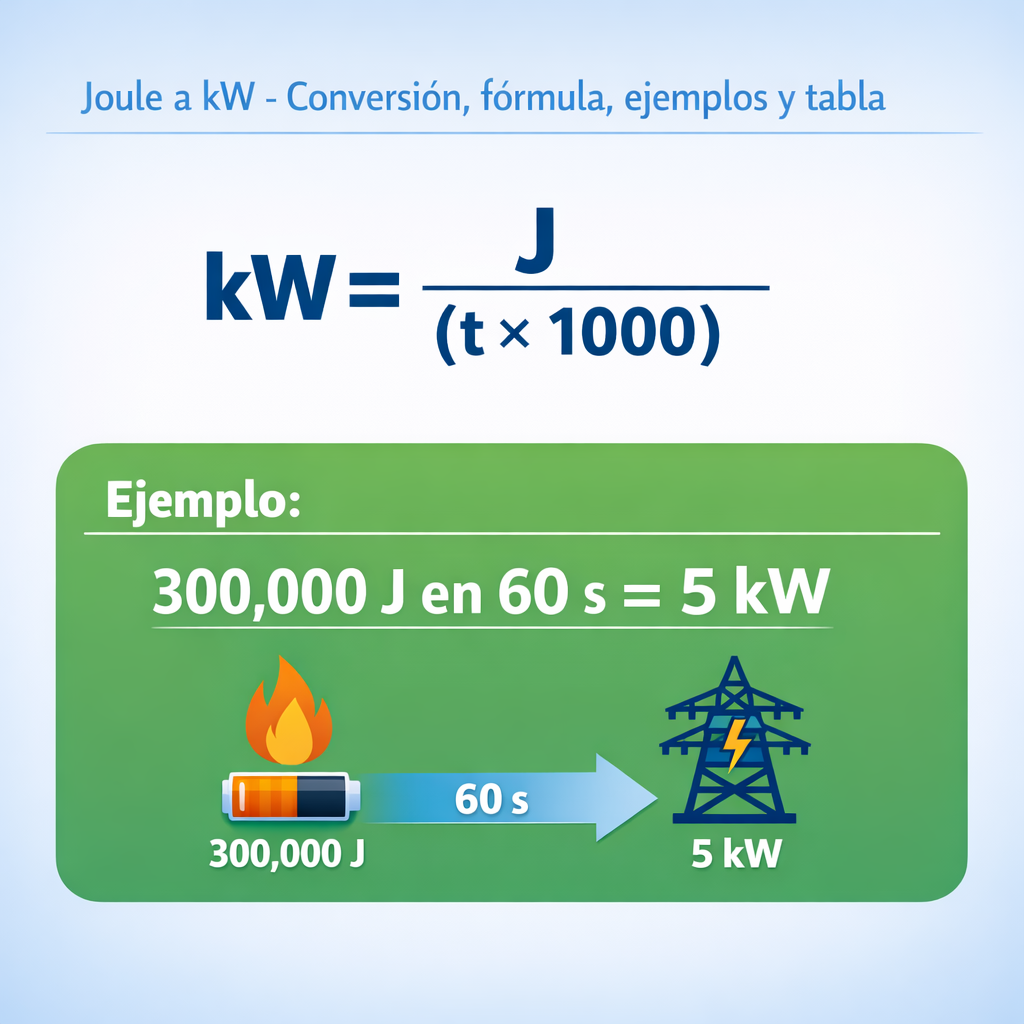 Joule a kW - Conversión, formula, ejemplos y tabla — infografía con la fórmula principal kw = j ÷ (t × 1000) y un ejemplo num