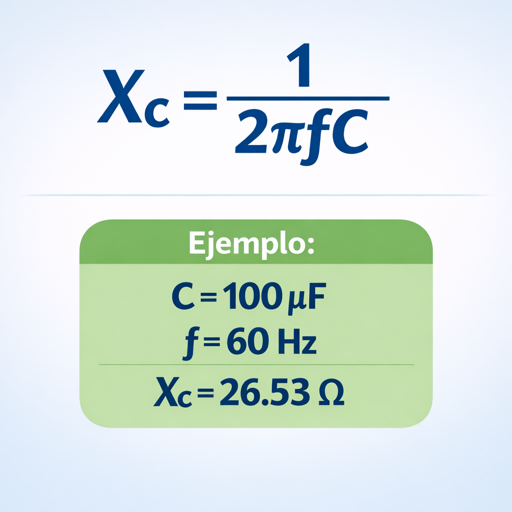 Calculadora de reactancia capacitiva Xc, formula y ejemplos — infografía con la fórmula xc = 1/(2πfc) y un ejemplo numérico r