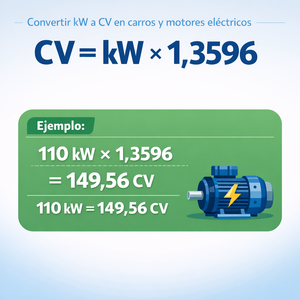 Convertir kW a CV en carros (coches) y motores eléctricos — infografía con la fórmula principal cv = kw × 1,3596 y un ejemplo