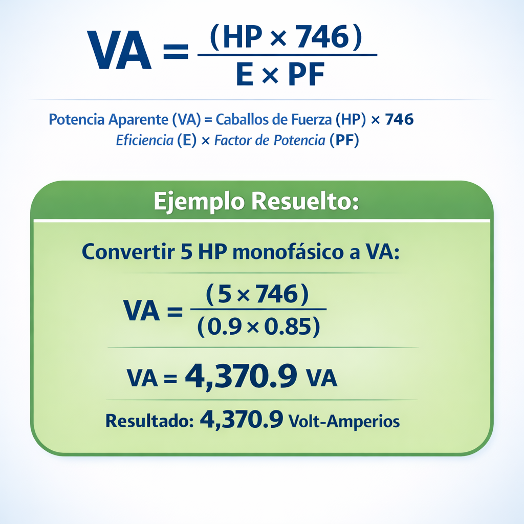 Hp to VA with AI - Calculator, formula, conversion 1 phase, 2 phase, 3 phase — fórmula y ejemplo resuelto