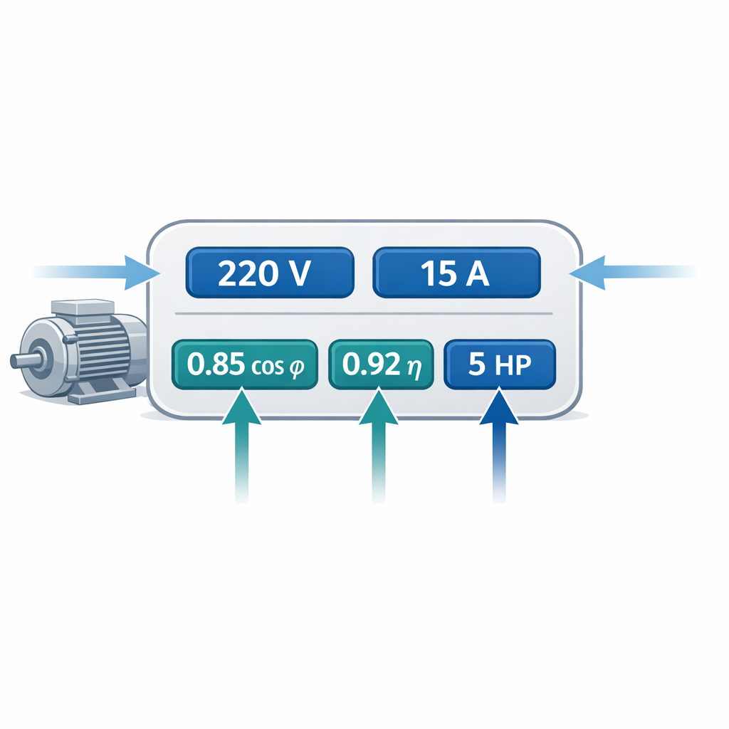 Calculadora de Amperios a hp - Formula, tablas y ejemplos — diagrama técnico de una placa de datos de motor eléctrico industr