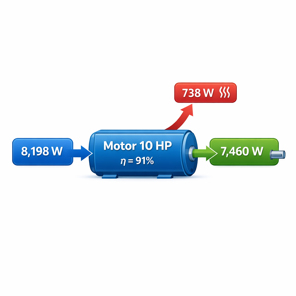 Calculadora de Hp a Watts (Vatios) con fórmulas, tablas y ejemplos — diagrama de flujo de energía de un motor eléctrico: entr