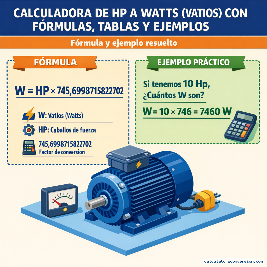 Calculadora de Hp a Watts (Vatios) con fórmulas, tablas y ejemplos — fórmula y ejemplo resuelto