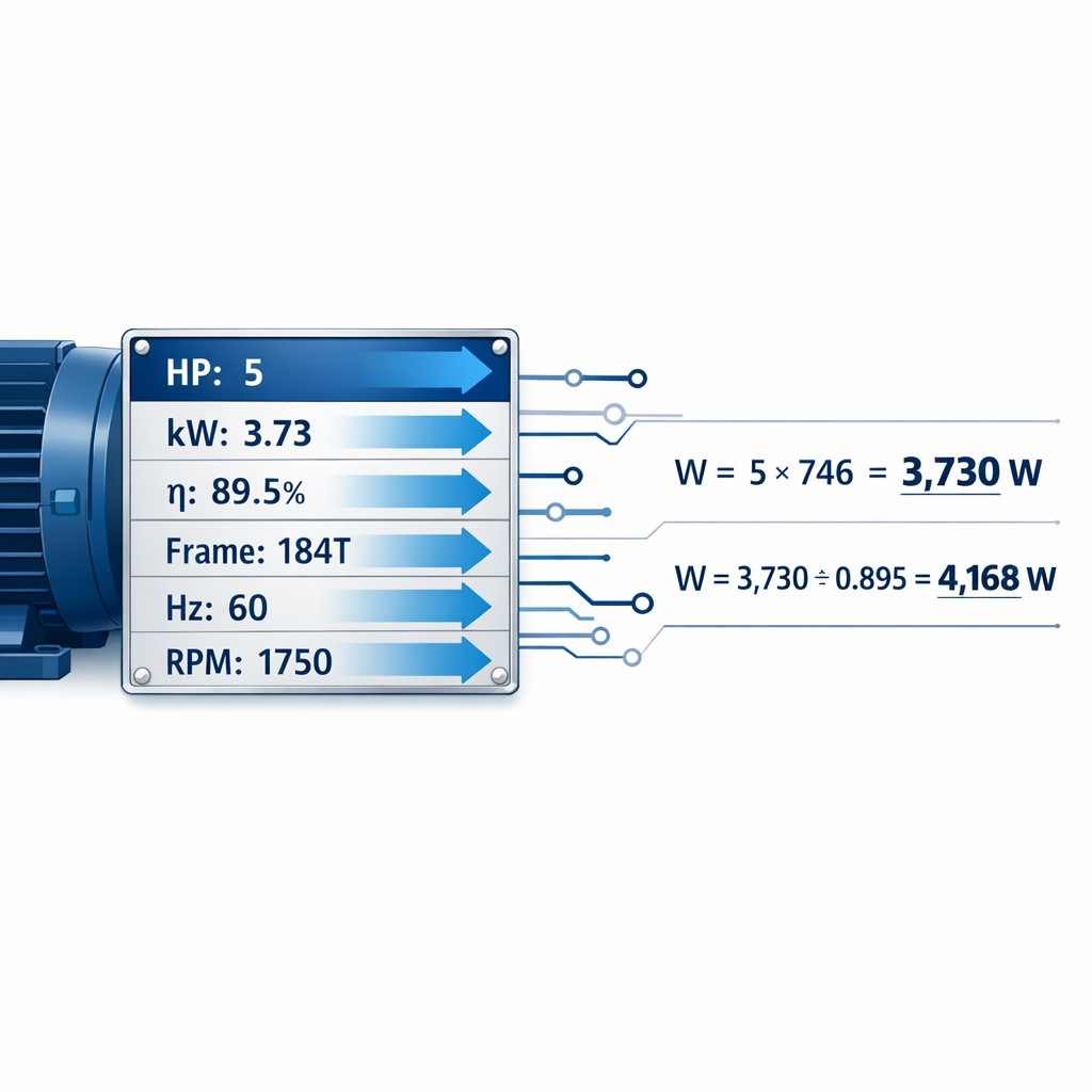 Calculadora de Hp a Watts (Vatios) con fórmulas, tablas y ejemplos — placa de datos de un motor nema con flechas señalando: "