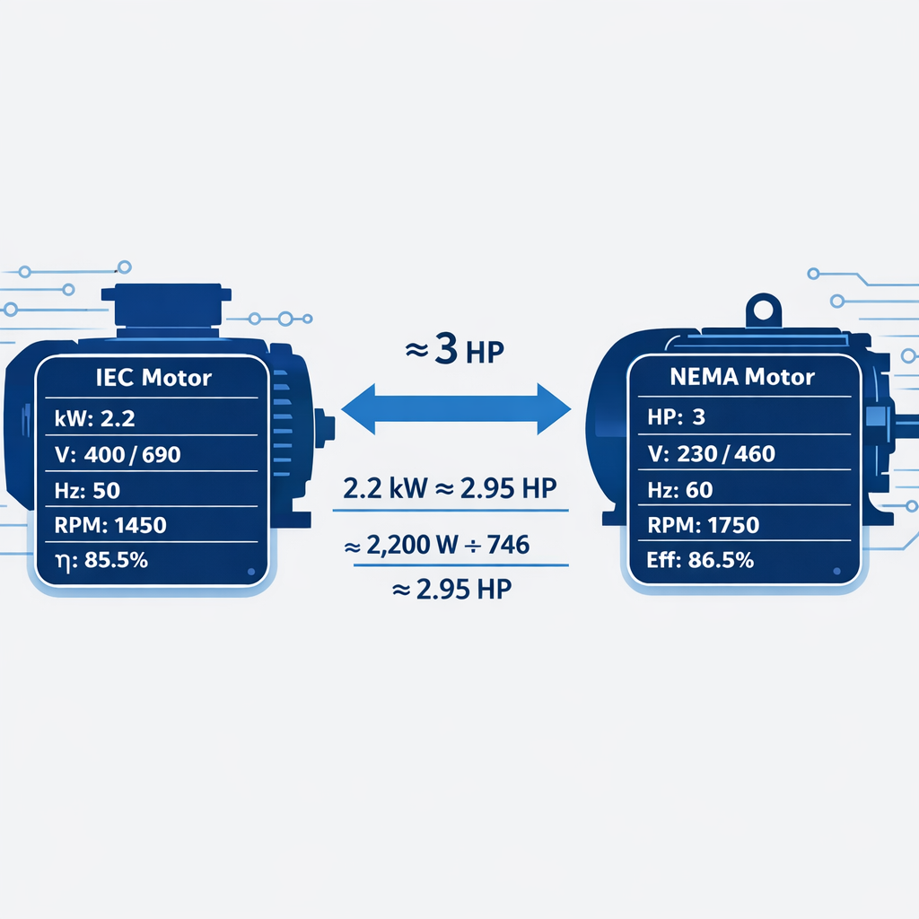Calculadora de kW a Watts - Formula, tablas y ejemplos — dos placas de motor lado a lado: izquierda "motor iec" con datos "kw