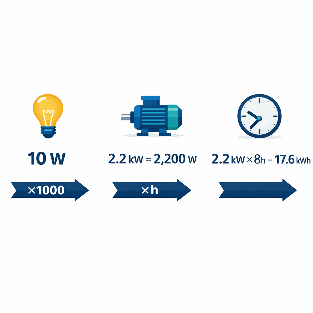 Calculadora de kW a Watts - Formula, tablas y ejemplos — infografía visual con 3 columnas: "w = vatios (potencia base)" con í