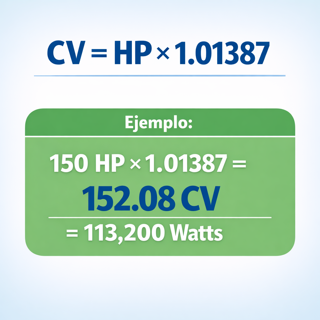 HP a CV - Calculadora con inteligencia artificial (IA) — infografía con la fórmula cv = hp × 1.01387 y un ejemplo numérico re