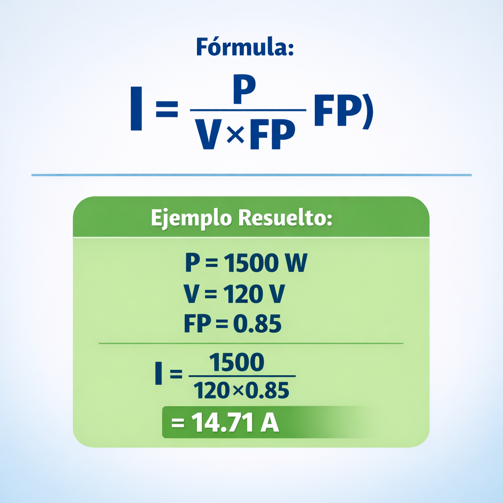 Calculadora de Corriente Monofásica con formula, ejemplos y tablas — infografía con la fórmula i = p ÷ (v × fp) y un ejemplo