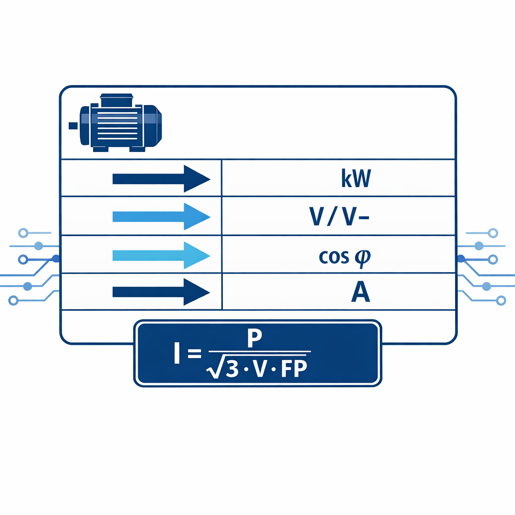 Calculadora de Corriente Trifásica, monofasica, bifasica y DC — placa de datos de motor eléctrico trifásico (fondo blanco) co
