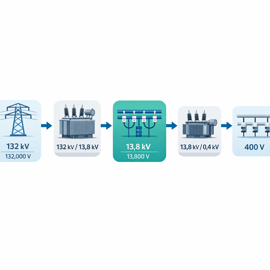 Calculadora de kilovoltios (kV) a voltios (V) — diagrama de subestación eléctrica simplificado (fondo blanco, estilo técnico)