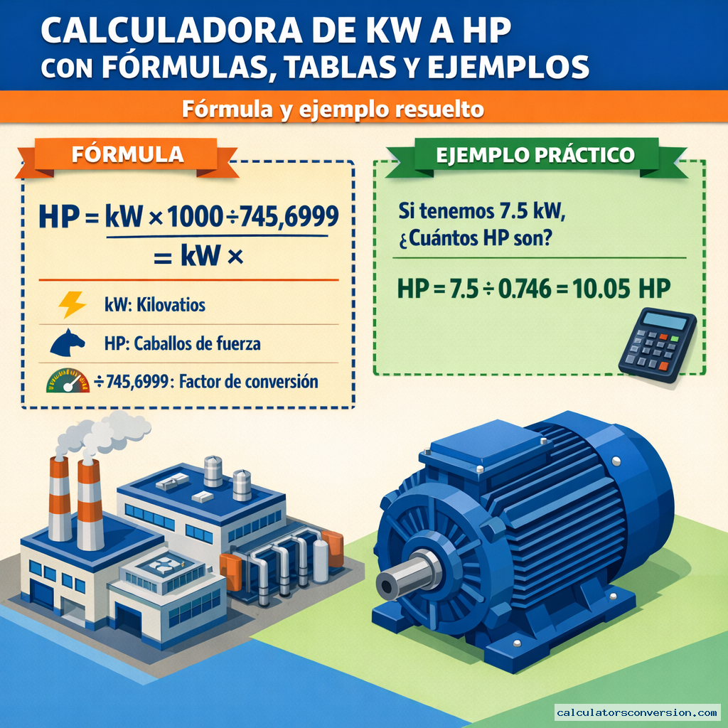 Calculadora de kW a HP con formulas, tablas y ejemplos — fórmula y ejemplo resuelto