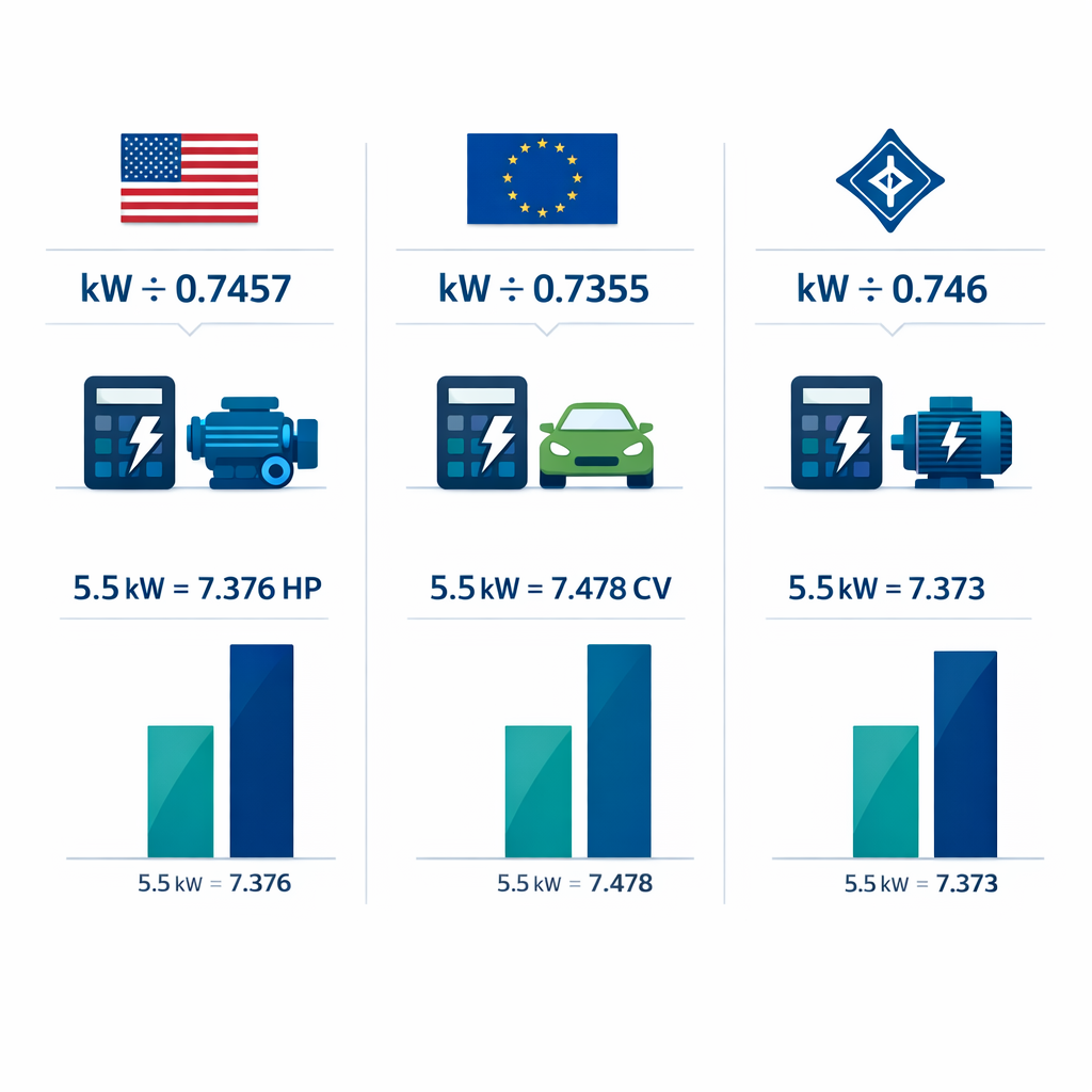 Calculadora de kW a HP con formulas, tablas y ejemplos — infografía que muestre las 3 fórmulas de kw a hp lado a lado con sus