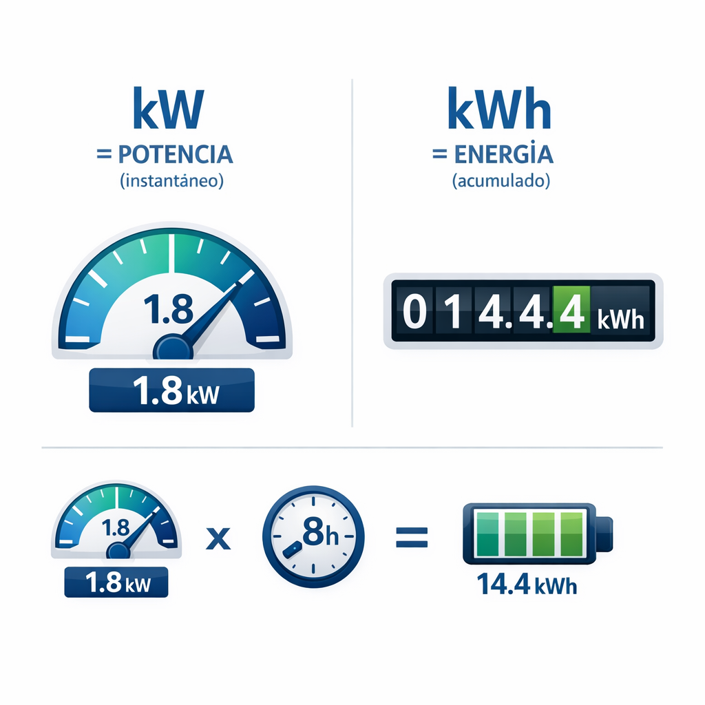 Calculadora Watts a kWh: convierte consumo y ahorra con ejemplos claros — infografía comparativa con 2 columnas: izquierda "k