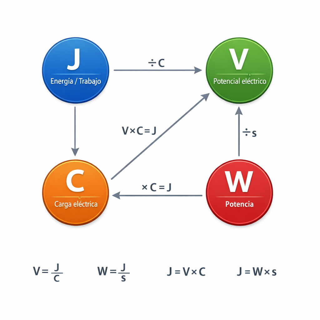 Joule a Voltios: Calculadora Online, Fórmulas y Tabla con Ejemplos — diagrama relacional (fondo blanco, estilo técnico): cuat