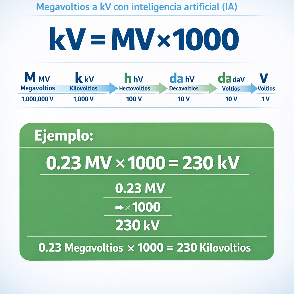 Megavoltios a kV con inteligencia artificial (IA) — infografía con la fórmula principal kv = mv × 1000 y un ejemplo numérico 