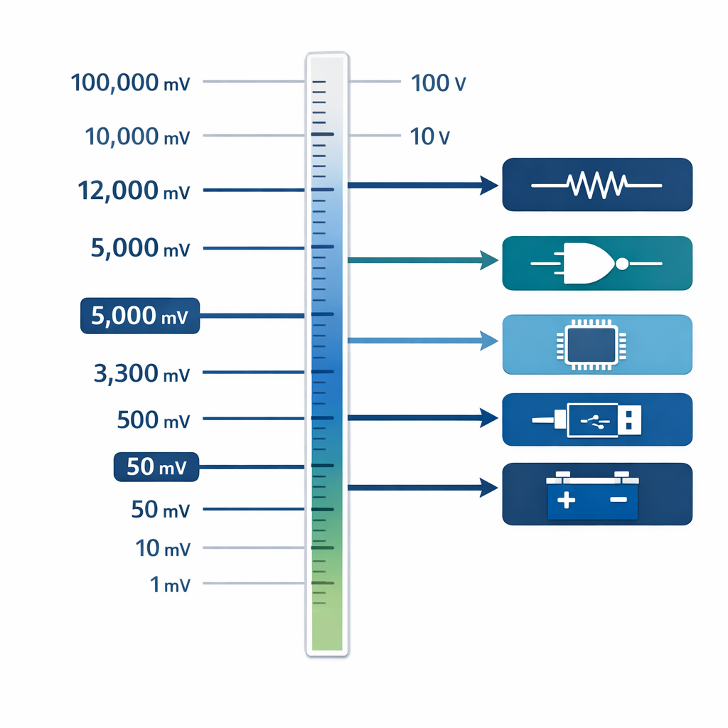 Milivoltios a voltios - Calculadora con inteligencia artificial (IA) — diagrama técnico mostrando la escala de voltaje desde