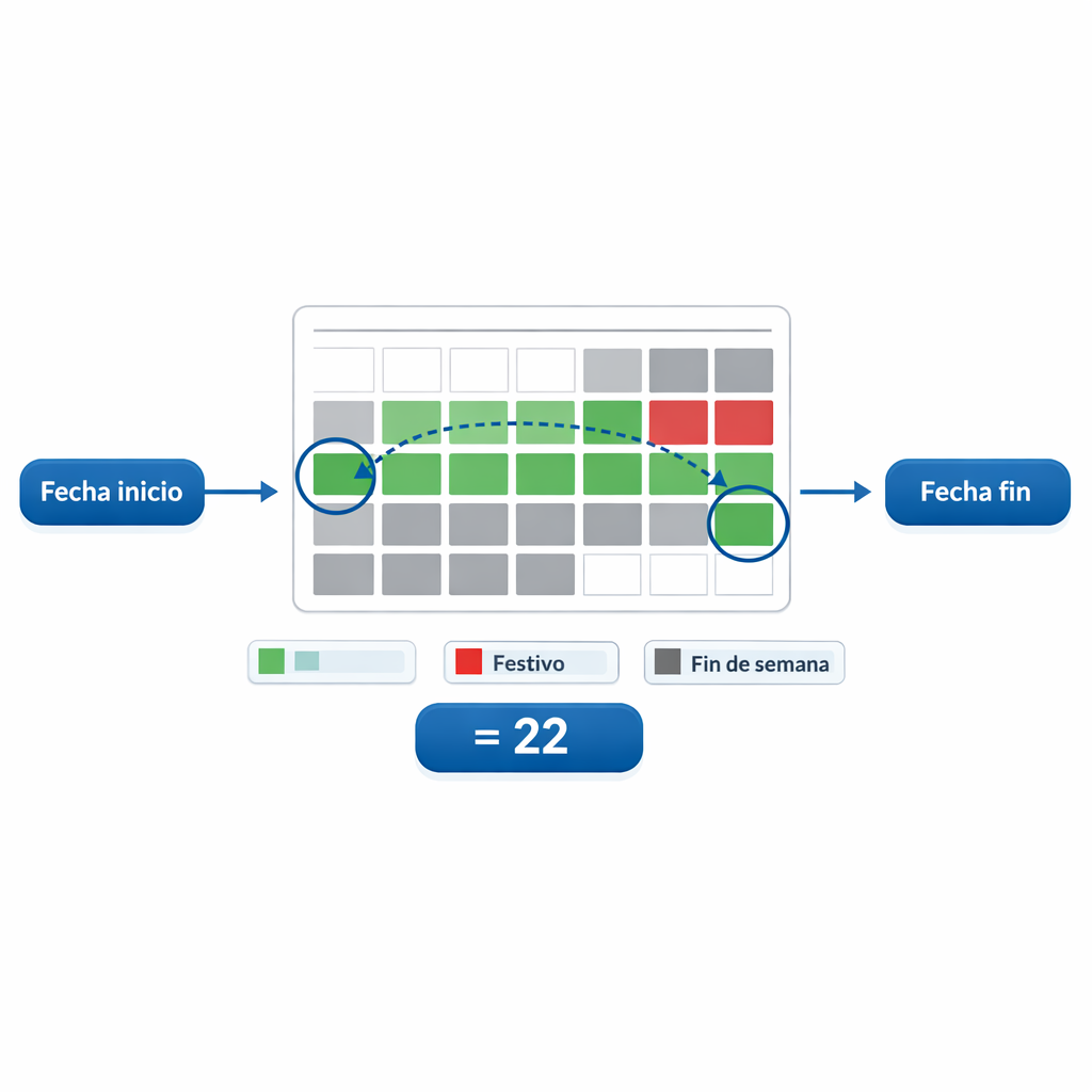 Calculadora de días hábiles — diagrama visual que muestra un calendario mensual con los días laborables marcados en verde, lo