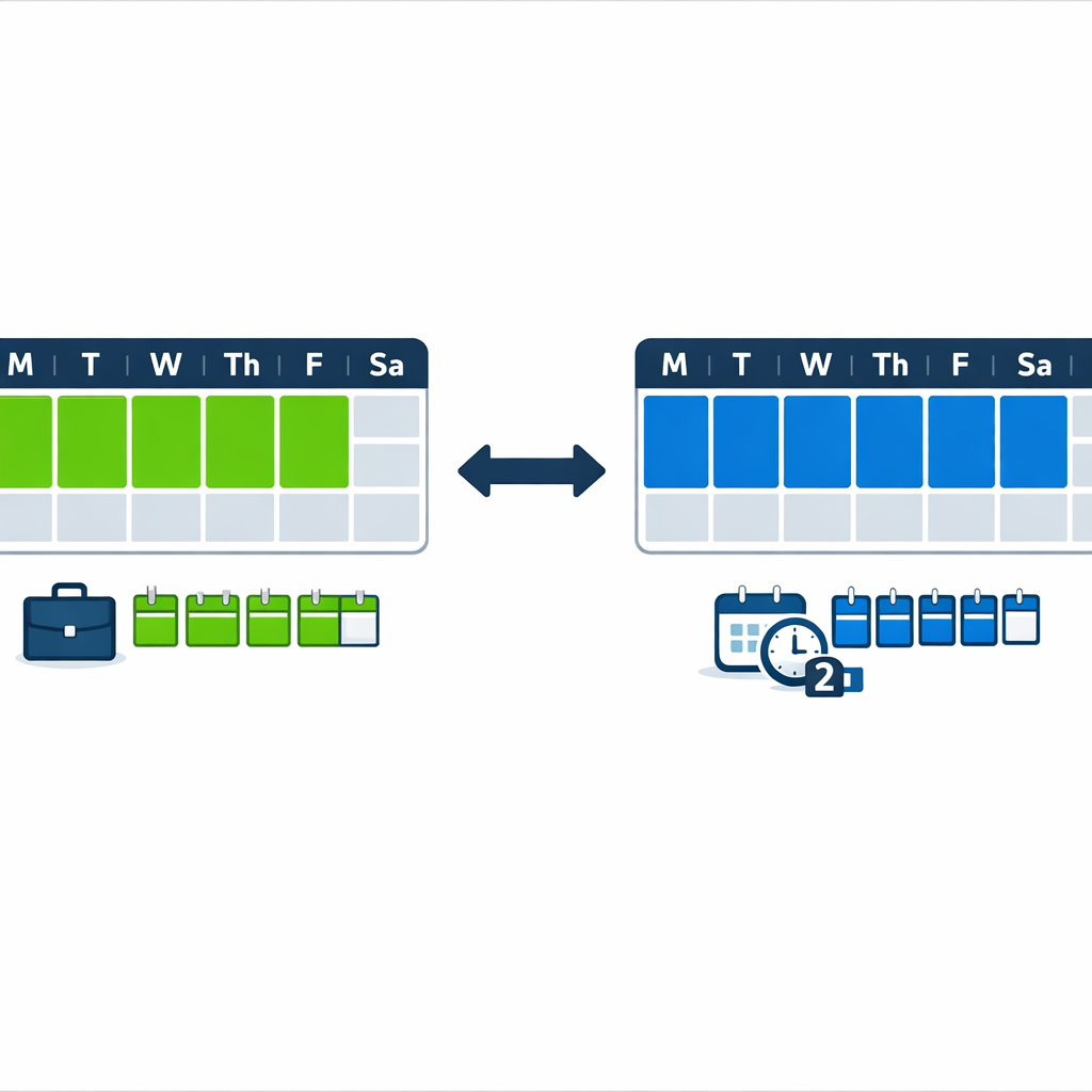 Calculadora de días hábiles — infografía comparativa lado a lado: "5 días hábiles vs 5 días naturales". izquierda: un calenda
