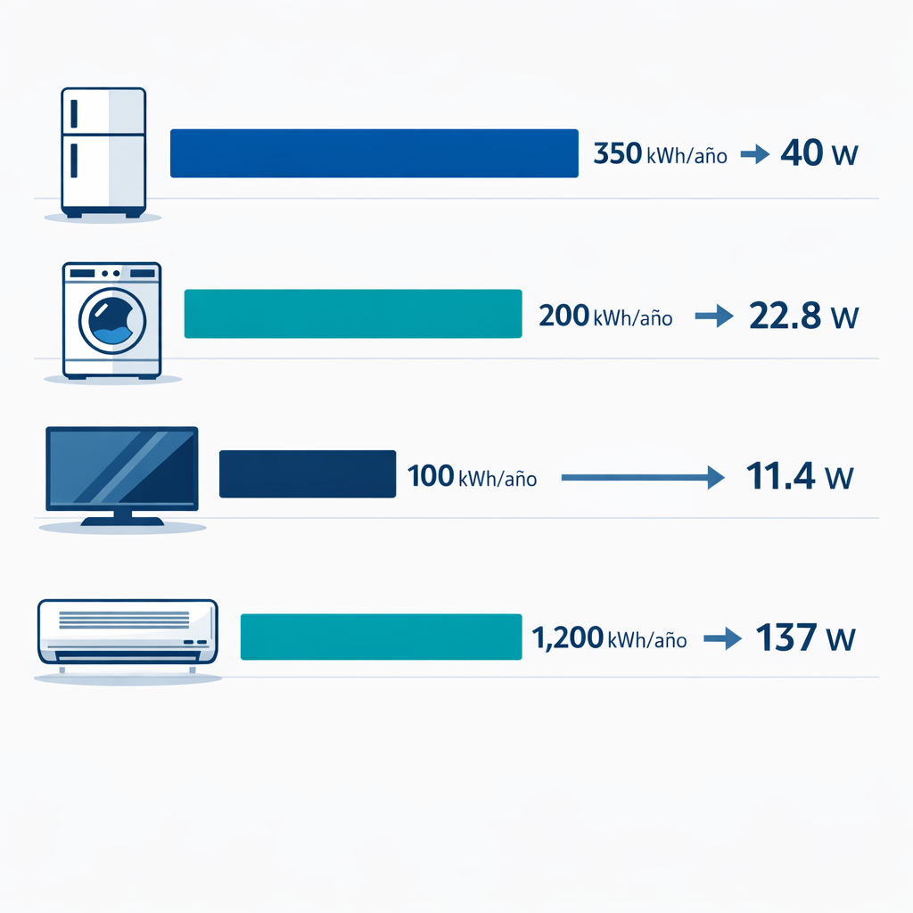 Calculadora de kWh a watts (vatios) - Formulas, tablas y ejemplos — infografía de 4 electrodomésticos comunes con su conversi