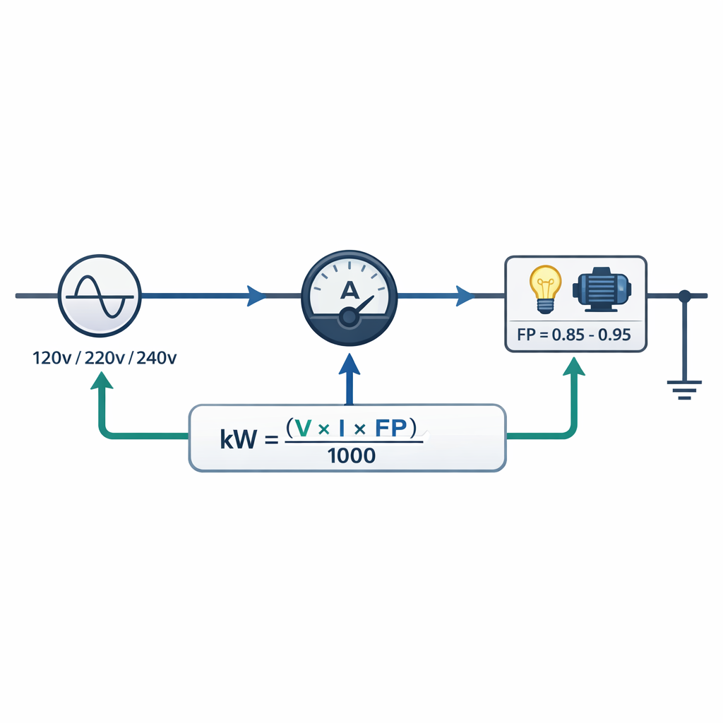 Calculadora de Voltios a kW -Formula, ejemplos, tablas — diagrama técnico de un circuito monofásico mostrando los componentes