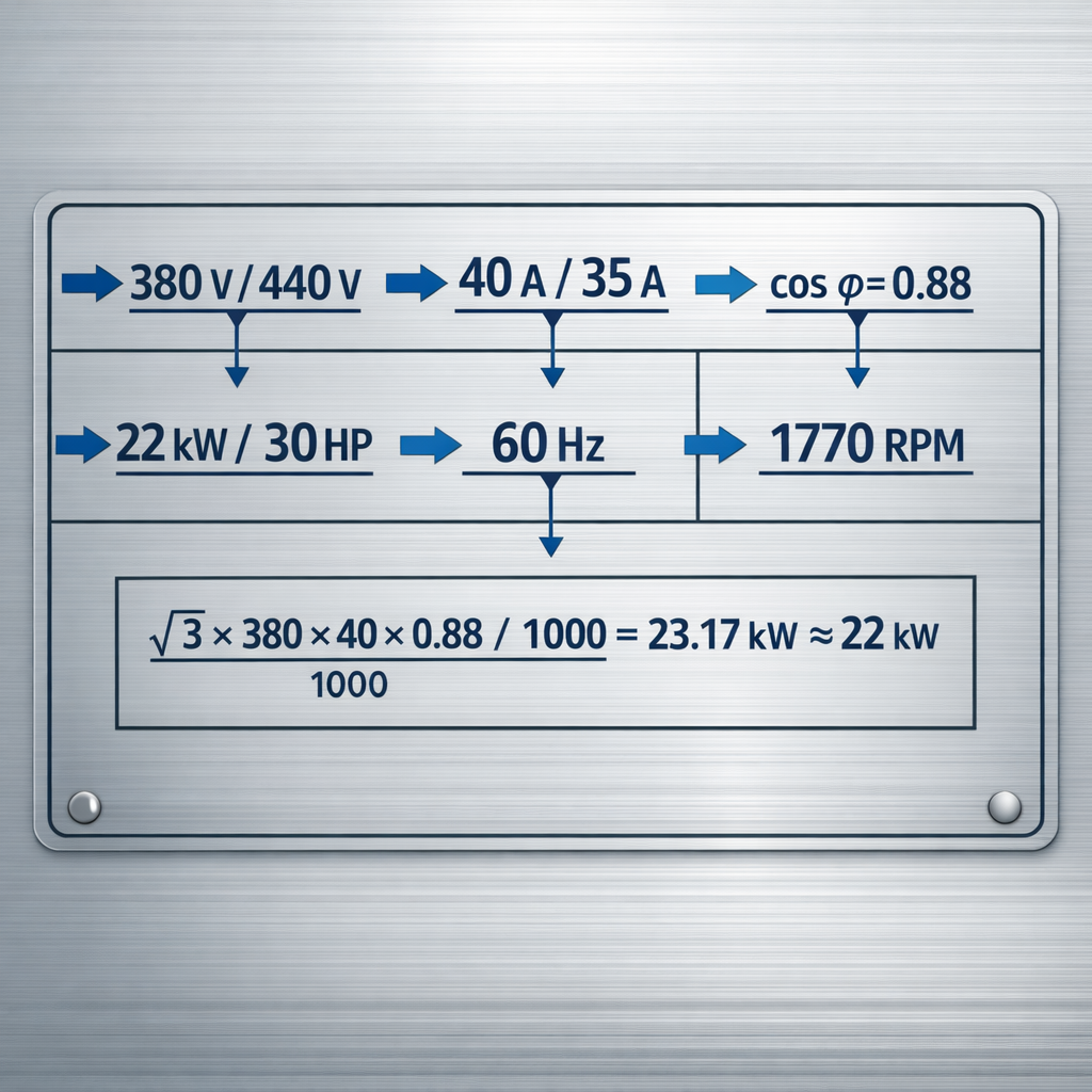 Calculadora de Voltios a kW -Formula, ejemplos, tablas — placa de datos de un motor eléctrico trifásico real (estilo técnico,