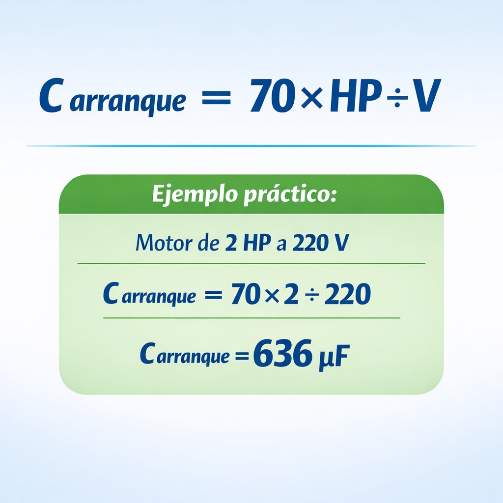 Calculadora para selección de capacitor en motor monofásico – NTC 2050, IEC — infografía con la fórmula c arranque = 70 × hp 