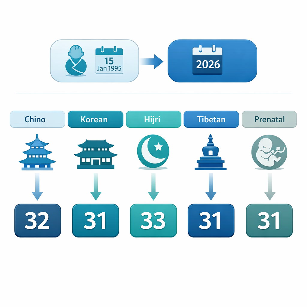 Diagrama comparativo lado a lado de 5 métodos de cálculo de edad lunar (chino, coreano, hijri, tibetano, prenatal) con ejempl