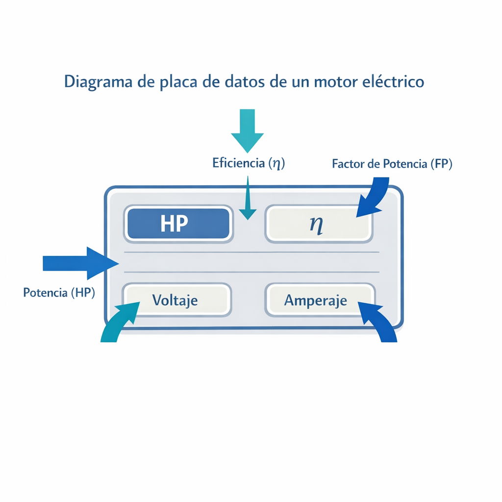 HP a kVA: Calculadora Online Precisa + Fórmula y Tabla — diagrama de placa de datos de un motor eléctrico con flechas señalan