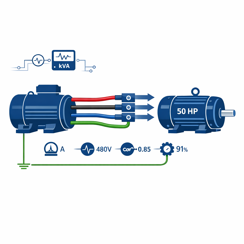 HP a kVA: Calculadora Online Precisa + Fórmula y Tabla — esquema de conexión eléctrica mostrando un generador trifásico alime