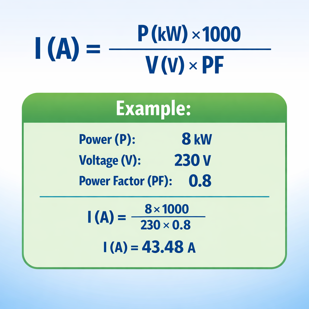 kW to Amps Calculator — fórmula y ejemplo resuelto