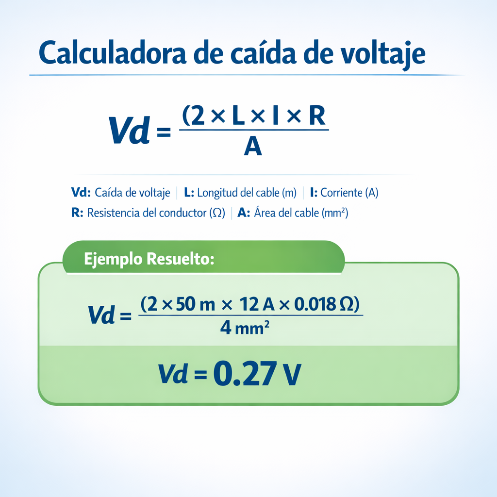 Calculadora de caída de voltaje — infografía con la fórmula principal y un ejemplo numérico resuelto del tema