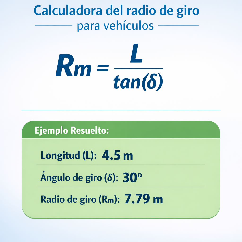 Calculadora del radio de giro para vehículos — infografía con la fórmula principal rm = l / tan(δ) y un ejemplo numérico resu