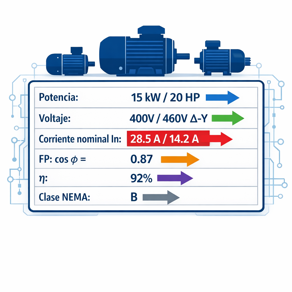 Calculadora de Corriente Nominal de Motor — placa de datos de motor eléctrico trifásico (fondo blanco, estilo técnico): rectá