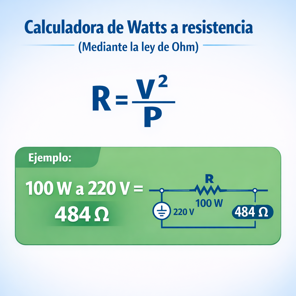 Calculadora de Watts a resistencia (Mediante la ley de Ohm) — infografía con la fórmula principal r = v² ÷ p y un ejemplo num