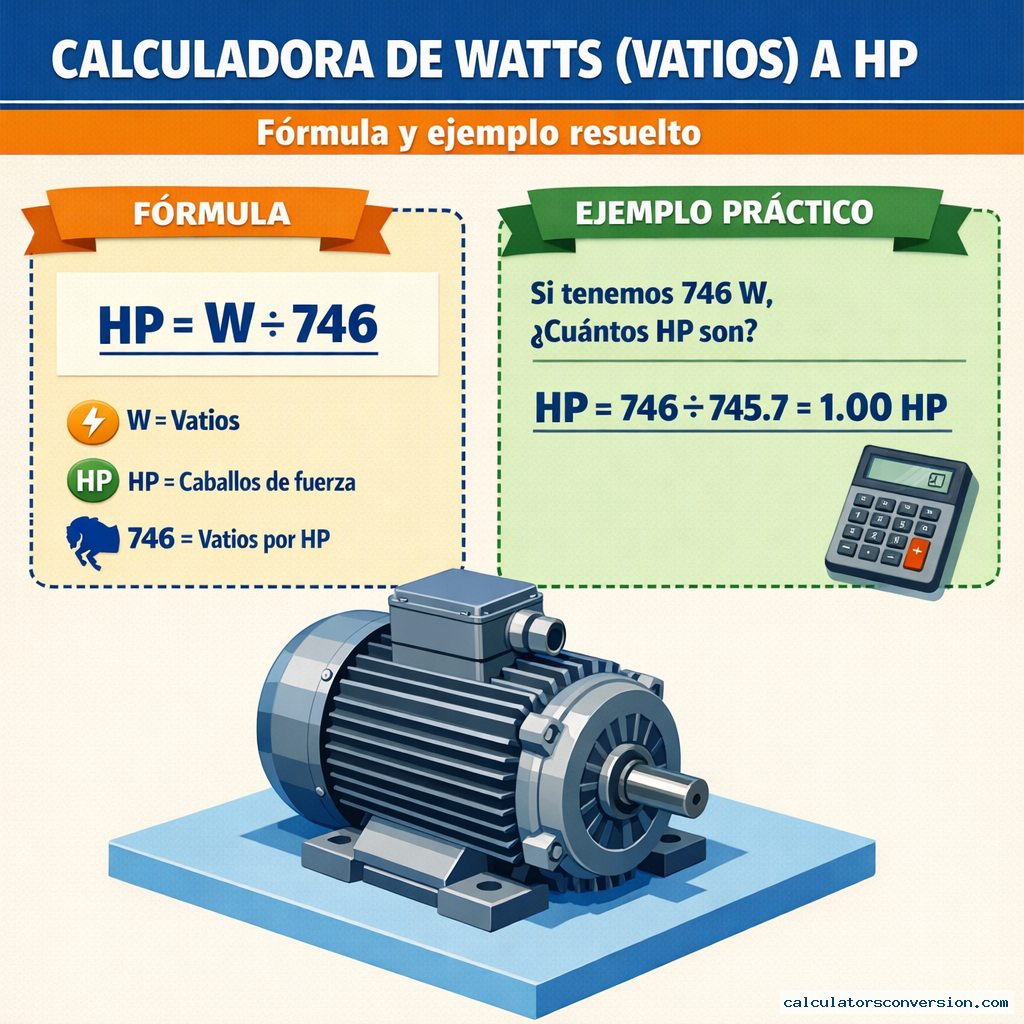 Calculadora de Watts (Vatios) a HP — fórmula y ejemplo resuelto