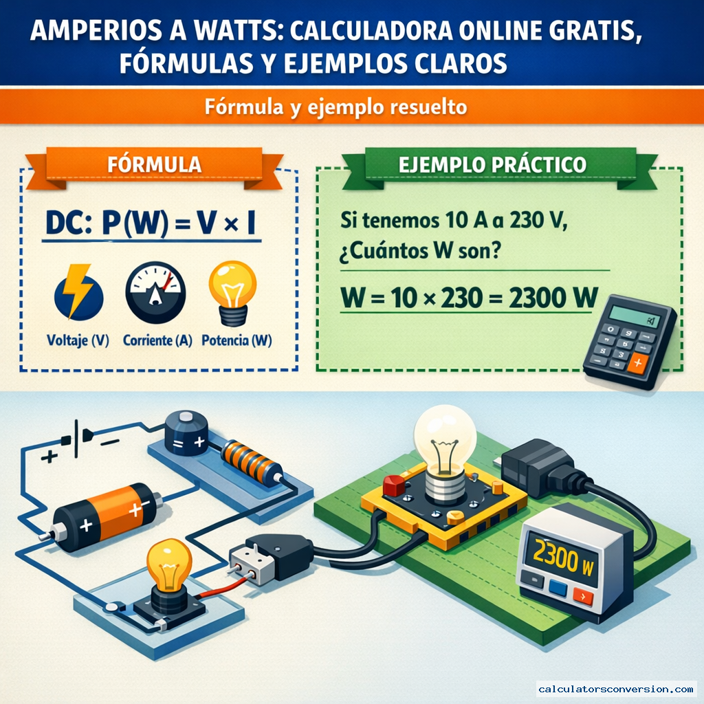 Amperios a Watts: Calculadora Online Gratis, Fórmulas y Ejemplos Claros — fórmula y ejemplo resuelto