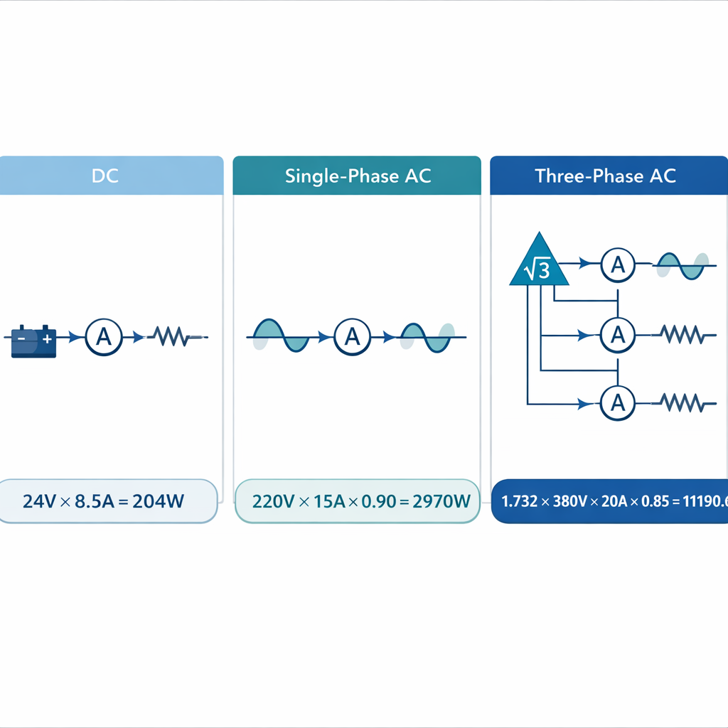 Amperios a Watts: Calculadora Online Gratis, Fórmulas y Ejemplos Claros — diagrama comparativo lado a lado de las 3 fórmulas 