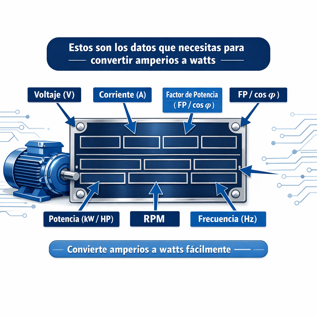 Amperios a Watts: Calculadora Online Gratis, Fórmulas y Ejemplos Claros — placa de datos real de un motor eléctrico industria