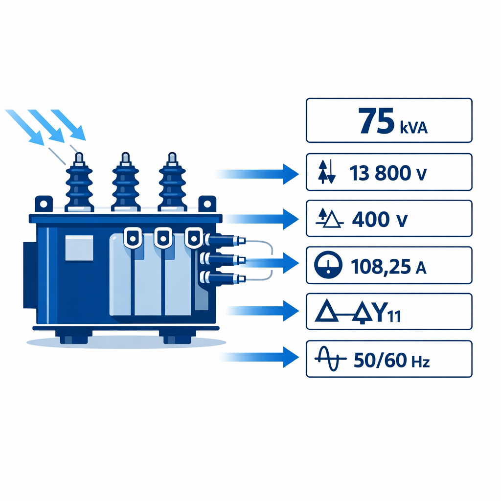 Calculadora de Amperios a kVA — placa de transformador trifásico con los campos señalados: "kva: 75", "voltaje primario: 13 8