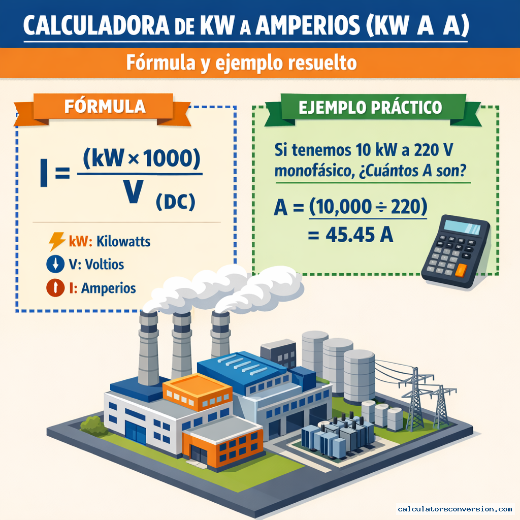 Calculadora de kW a Amperios (kW a A) — fórmula y ejemplo resuelto