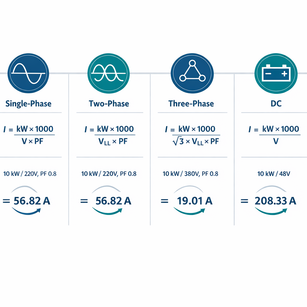 Calculadora de kW a Amperios (kW a A) — infografía comparativa que muestre las 4 fórmulas de kw a amperios lado a lado: monof