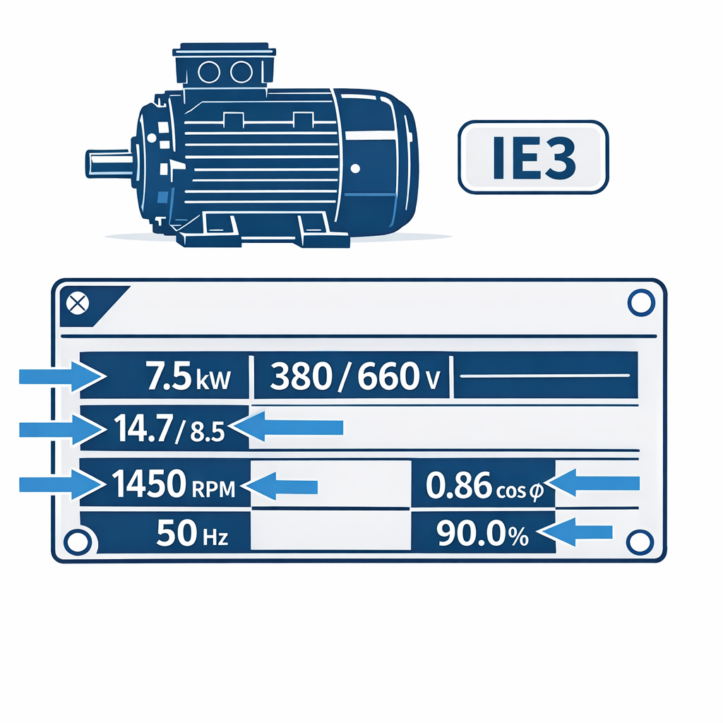 Calculadora de kW a Amperios (kW a A) — placa de datos de un motor trifásico iec con flechas señalando cada campo relevante: 