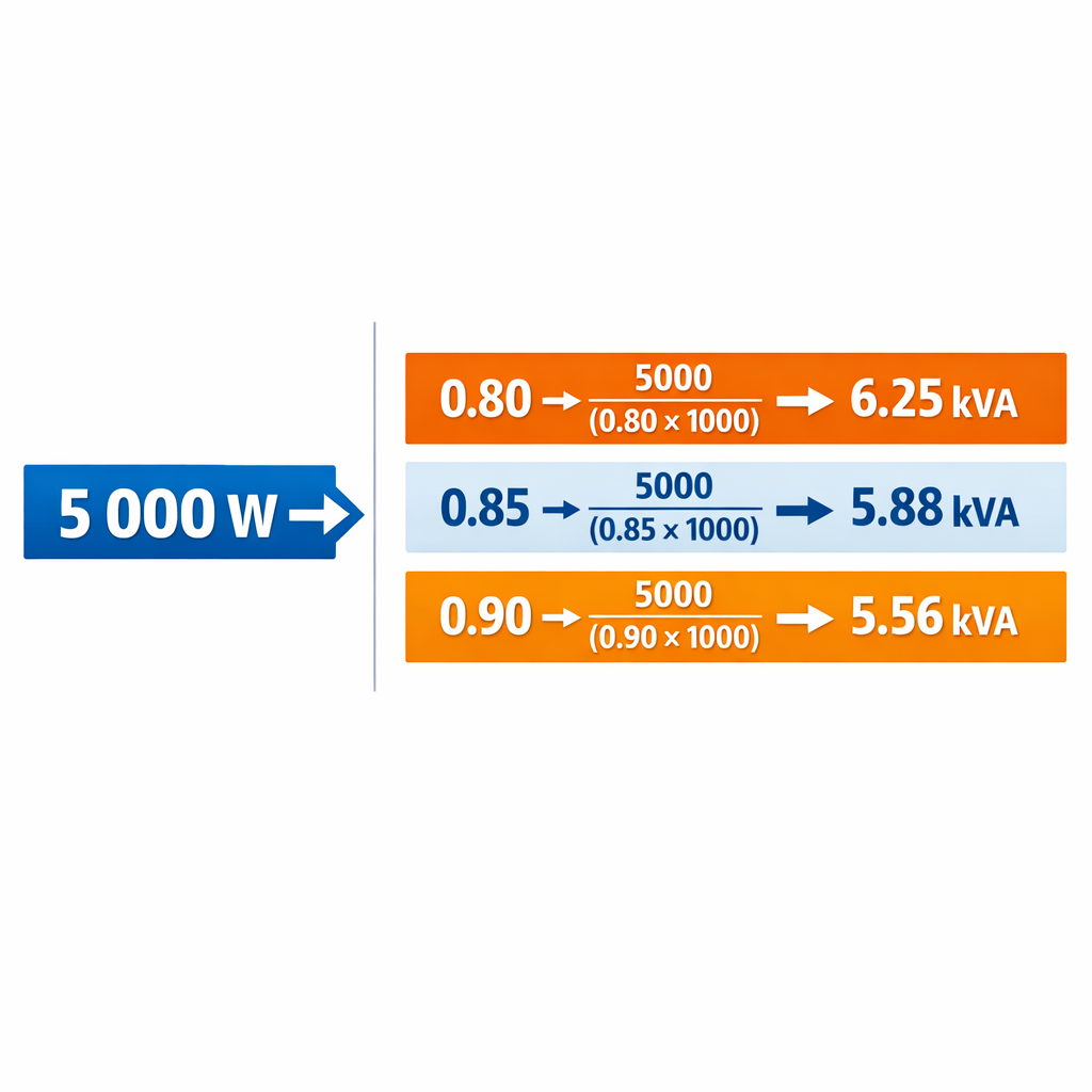 Calculadora de Watts a kVA con formula, tabla y ejemplos — tabla comparativa (fondo blanco, estilo técnico): columna izquierd