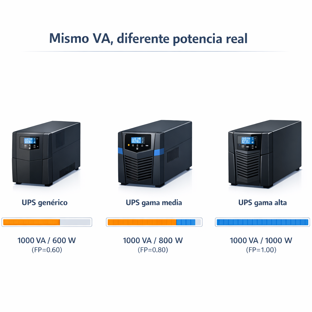 Calculadora de Watts a VA - Tablas, formula, ejemplos etc — comparativa visual de 3 ups comerciales con sus especificaciones: