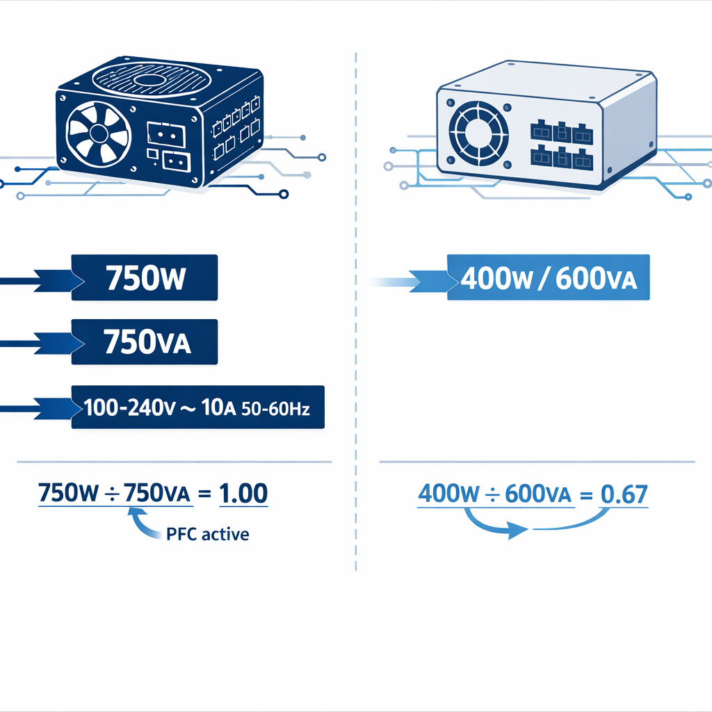 Calculadora de Watts a VA - Tablas, formula, ejemplos etc — etiqueta trasera de una fuente de alimentación de pc (tipo corsai