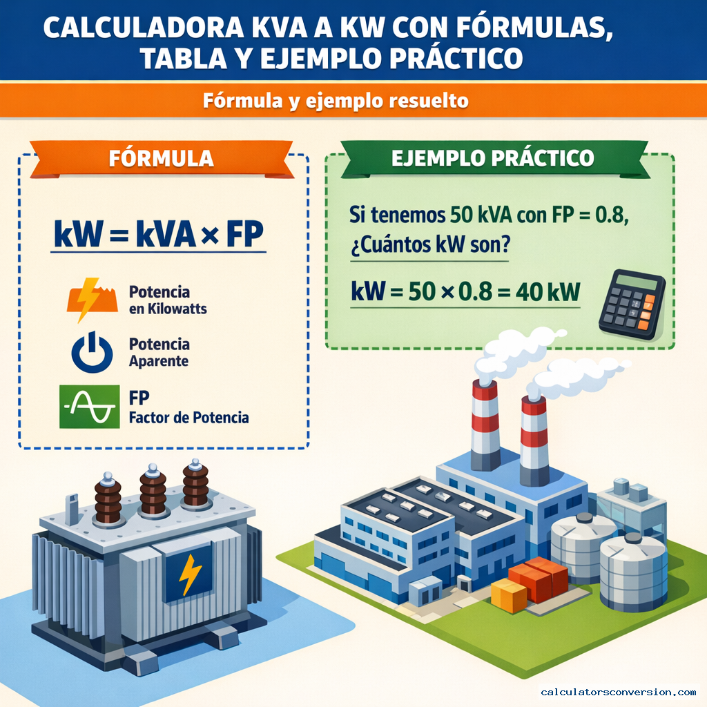 Calculadora kVA a kW con Fórmulas, Tabla y Ejemplo Práctico — fórmula y ejemplo resuelto