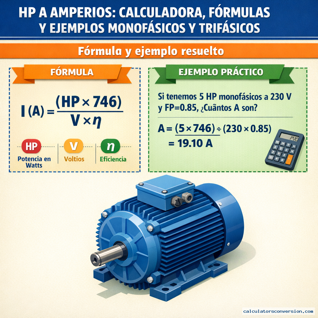 HP a Amperios: Calculadora, Fórmulas y Ejemplos Monofásicos y Trifásicos — fórmula y ejemplo resuelto