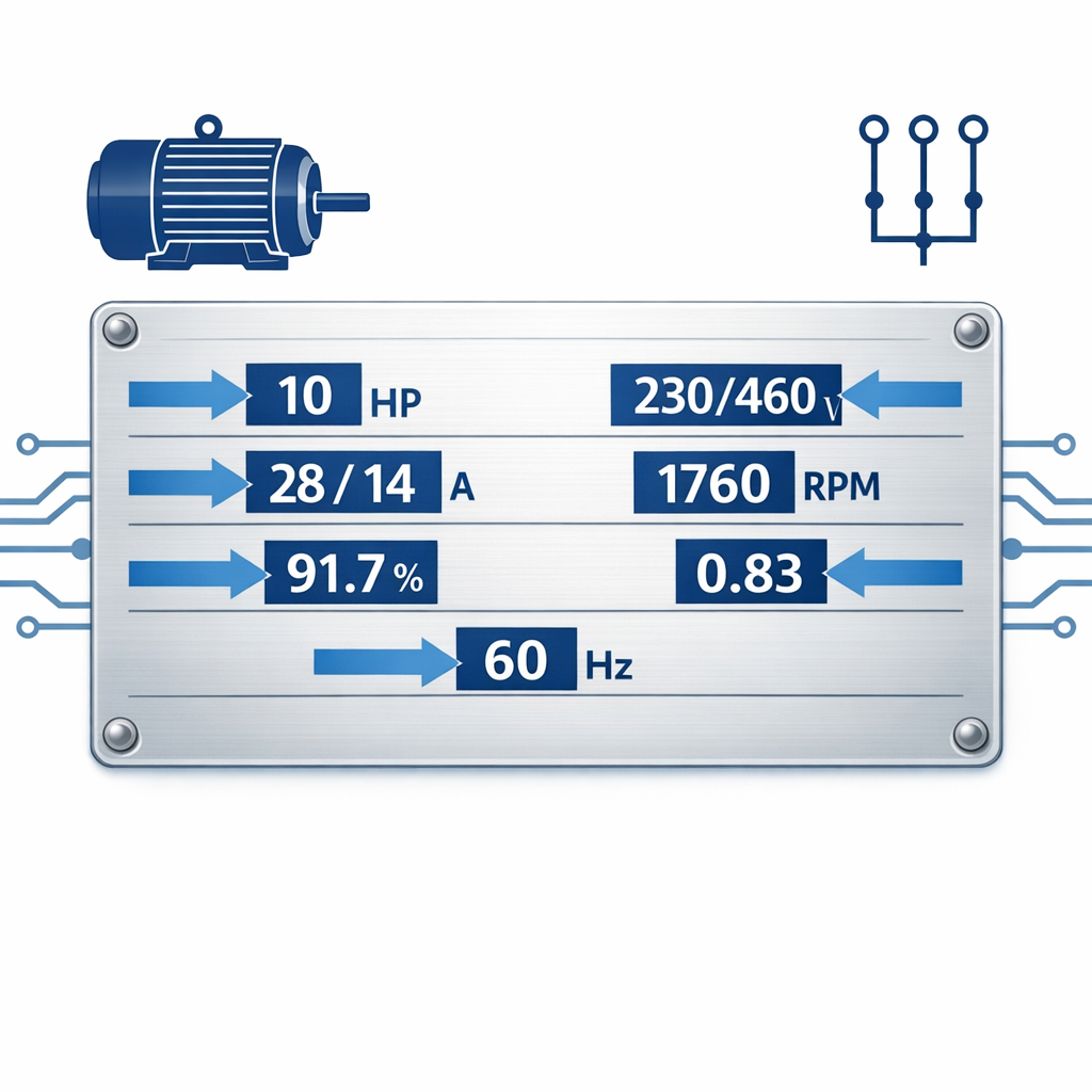 HP a Amperios: Calculadora, Fórmulas y Ejemplos Monofásicos y Trifásicos — placa de datos real de un motor eléctrico trifásic