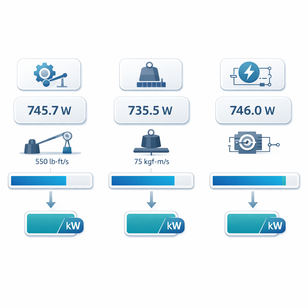HP a kW: Calculadora Online (Fórmula y Ejemplos) – Conversor Rápido — diagrama visual comparativo de los 3 tipos de hp (mecán